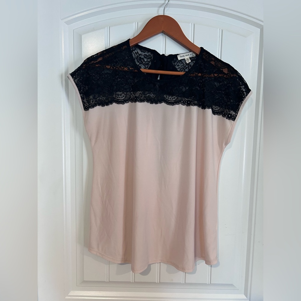 Faith and Joy Blush Top with Black Lace